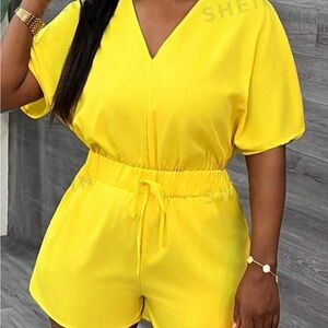 Casual V Neck Bat Sleeve Short Sleeve Shorts Yellow Women's Jumpsuit-C